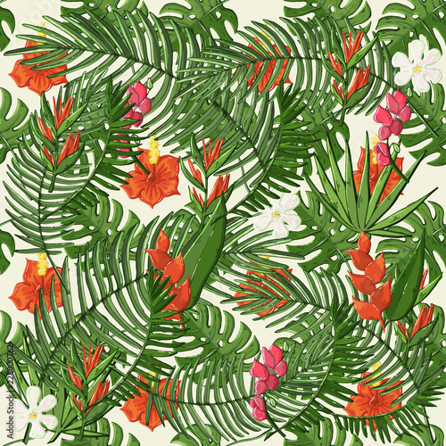 Vector plant seamless pattern with hibiscus,palm branch