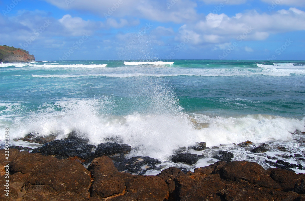 Kauai Hawaii Shoreline with Splashing Wave