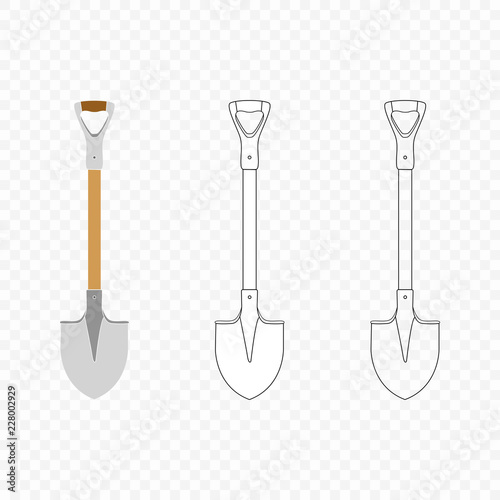 Shovel, spade, icon on isolated transparent background. Garden equipment. Spring, summer work. Farm tools for digging holes. Vector flat design.
