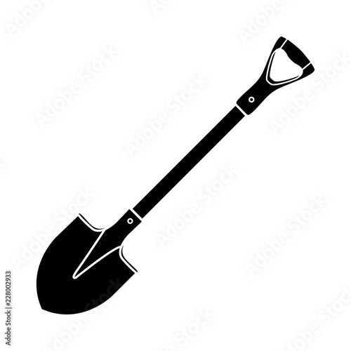Shovel, spade, silhouette icon on isolated white background. Garden equipment. Spring, summer work. Farm tools for digging holes. Vector flat design.