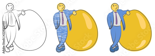 Businessman is standing near large golden egg. Concept for wealth. Natural born leader. Startups and new businesses. Investment and retirement. Hand drawn cartoon doodle vector illustration. Logo.