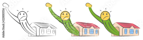 Man squeezed into a very small apartment. One size doesn't fit all. Cramped small place. A giant comes out of a small house. Doodle vector illustration. Guy barely can fit into a very tiny apartment.