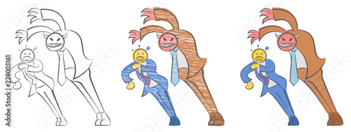 Smiling business devil. Satan boss attacks an employee. Red demon at work. Angry boss and frightened employee. The devil in the guise of a man. Business concept. Cartoon doodle vector illustration.