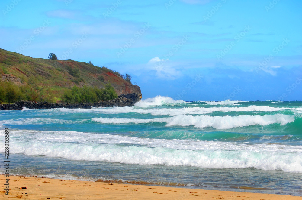 Deserted Beach With Wave Action on Kauai