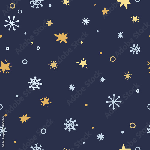 Seamless pattern with snowflakes and stars on dark background. Beautiful festive pattern