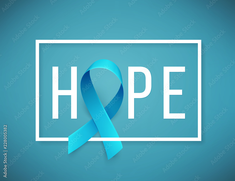 Obraz premium Banner for Prostate cancer awareness month in november. Word hope with realistic blue ribbon. Design template for poster