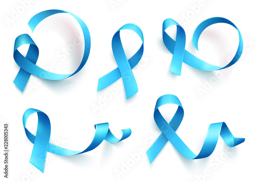 Big set of blue ribbons isolated over white background. Symbol of prostate cancer awareness month in november. Vector