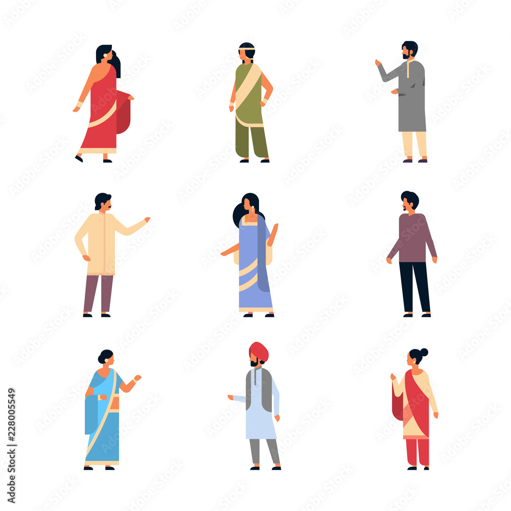 set different indian people wearing national traditional clothes hindu man  woman celebration concept male female cartoon character collection full  length isolated horizontal flat vector illustration Stock Vector | Adobe  Stock