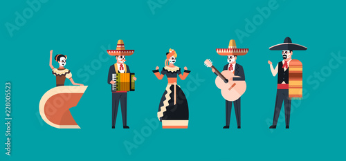 day of dead traditional mexican halloween dia de los muertos holiday party decoration man woman wearing skeleton masks dancing horizontal invitation greeting card flat full length vector illustration.