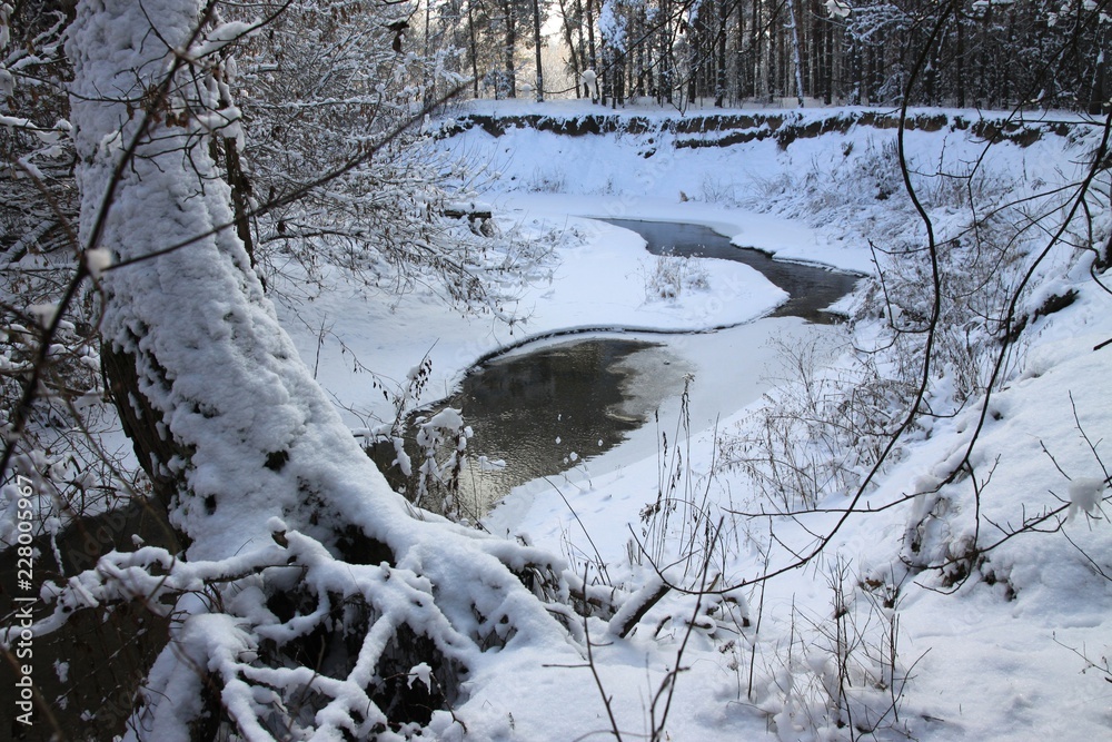 Mazowsze (Mazovia) - winter landscape of Mienia river, Masovian Landscape Park, south of Warsaw, Poland