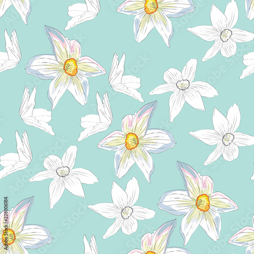 Elegance Seamless pattern with flowers narcissus on spring background.