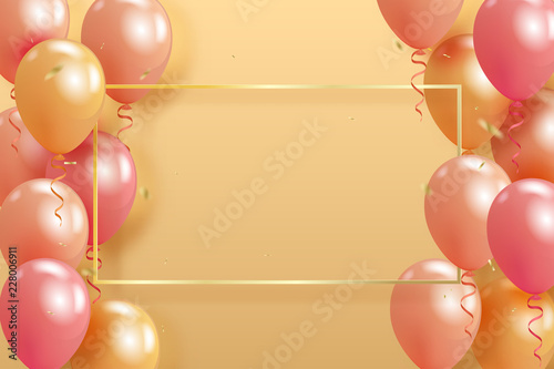 Set of realistic pearl glossy helium balloons floating on yellow background and golden confetty. Vector 3D balloons for birthday, party, wedding or promotion banners or posters. 