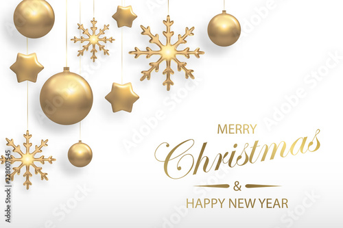 Vector illustration of Christmas background with golden realistic christmas ball, star, snowflake decorations isolated on white. New year and xmas holiday winter concept