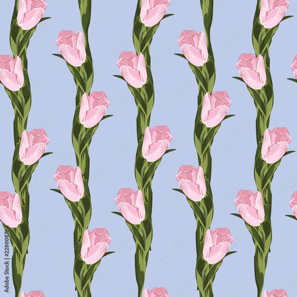 Obraz premium Seamless pattern with pink tulip flowers. Spring tender design. Can be used as greeting or wedding background. Best for wrapping paper.