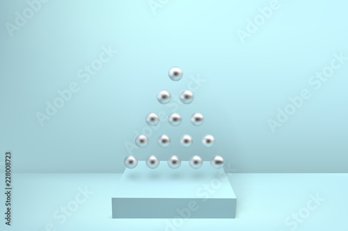 Abstract glossy Christmas tree made of silver metallic sphere geometric shapes on podium. New year and xmas decoration concept. 3d minimal pastel colored background