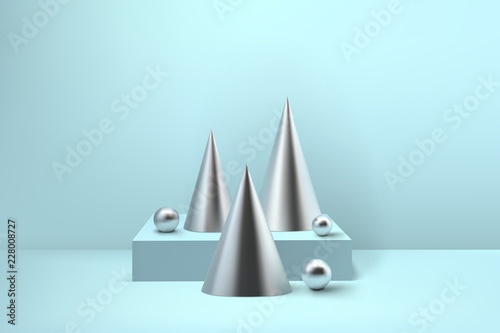 Abstract glossy spiral Christmas trees. Silver coil metallic cone and sphere geometric shapes.  New year and xmas decoration concept. 3d minimal pastel colored background