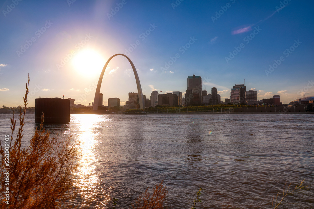 The St. Louis, Missouri skyline across the Mississippi River.