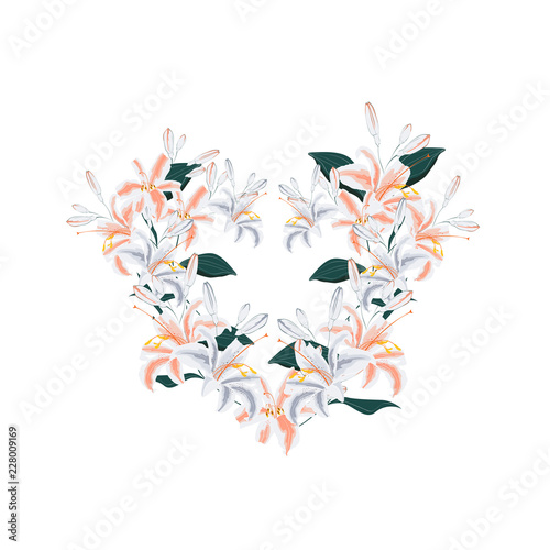 Greeting card for yours design. Decorative frame of white lilies in the shape of heart.