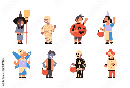 set different cute kids wear monsters costume happy halloween concept party celebration isolated horizontal collection flat vector illustration