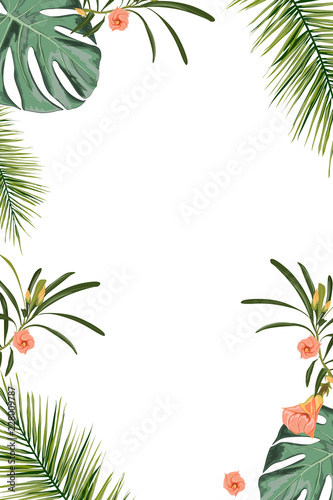 Tropical design border frame template with green jungle palm tree monstera leaves and exotic flowers couple. Text placeholder.