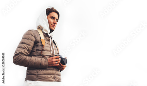 photographer traveler on top mountain, tourist looking enjoy nature panoramic landscape in trip, girl holding in hands digital photo camera, hiker taking click photography, relax holiday hobby concept