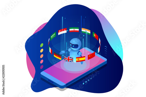 Isometric online language learning with artificial intelligence or Science teacher bot concept. Online language school lifestyle. Education Concept.