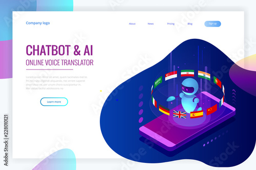 Isometric online language learning with artificial intelligence or Science teacher bot concept. Online language school lifestyle. Education Concept.