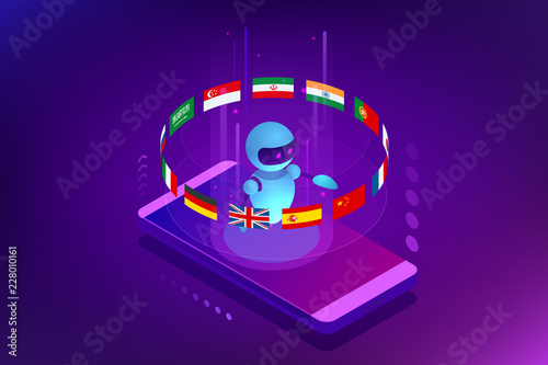Isometric online language learning with artificial intelligence or Science teacher bot concept. Online language school lifestyle. Education Concept.