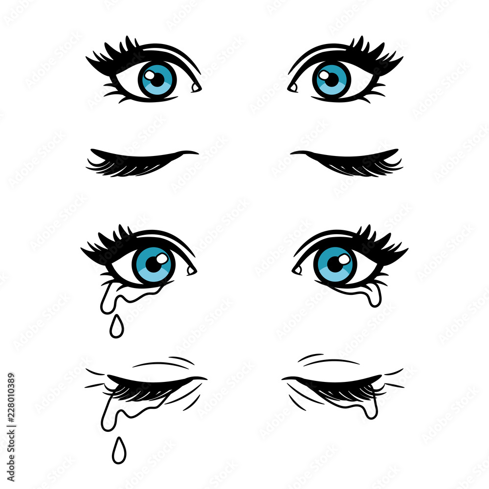 Wide open and closed vector cartoon female eyes. Crying blue eyes isolated on white background Wide open and closed vector cartoon female eyes. Crying blue eyes isolated on white background