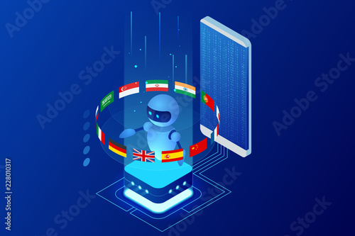 Isometric online language learning with artificial intelligence or Science teacher bot concept. Online language school lifestyle. Education Concept.
