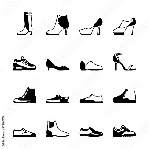 Shoes silhouette vector set. Sneakers, women footwear, boats isolated on white background