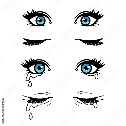 Wide open and closed vector cartoon female eyes. Crying blue eyes isolated on white background