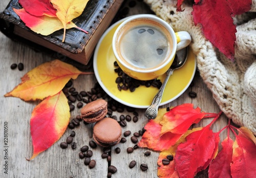 Autumn leaves, book and cup of black coffee. Background for website, bloggers, social media. Fashion flat lay