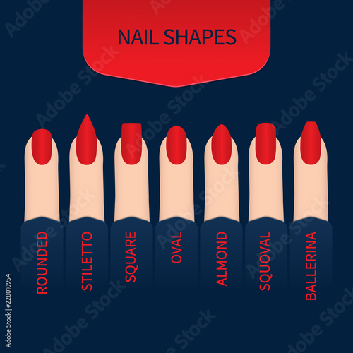 Nail care infographic poster with set of nail shapes and nail polish application technique. Fingernails of different form with red manicure on blue background. Beauty concept. Vector illustration.