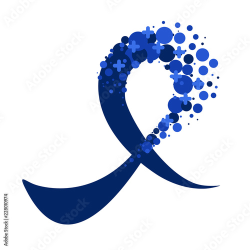 Blue ribbon made of dots and crosses on white background. Awareness poster for colon and prostate cancer. Medical concept. Vector illustration.