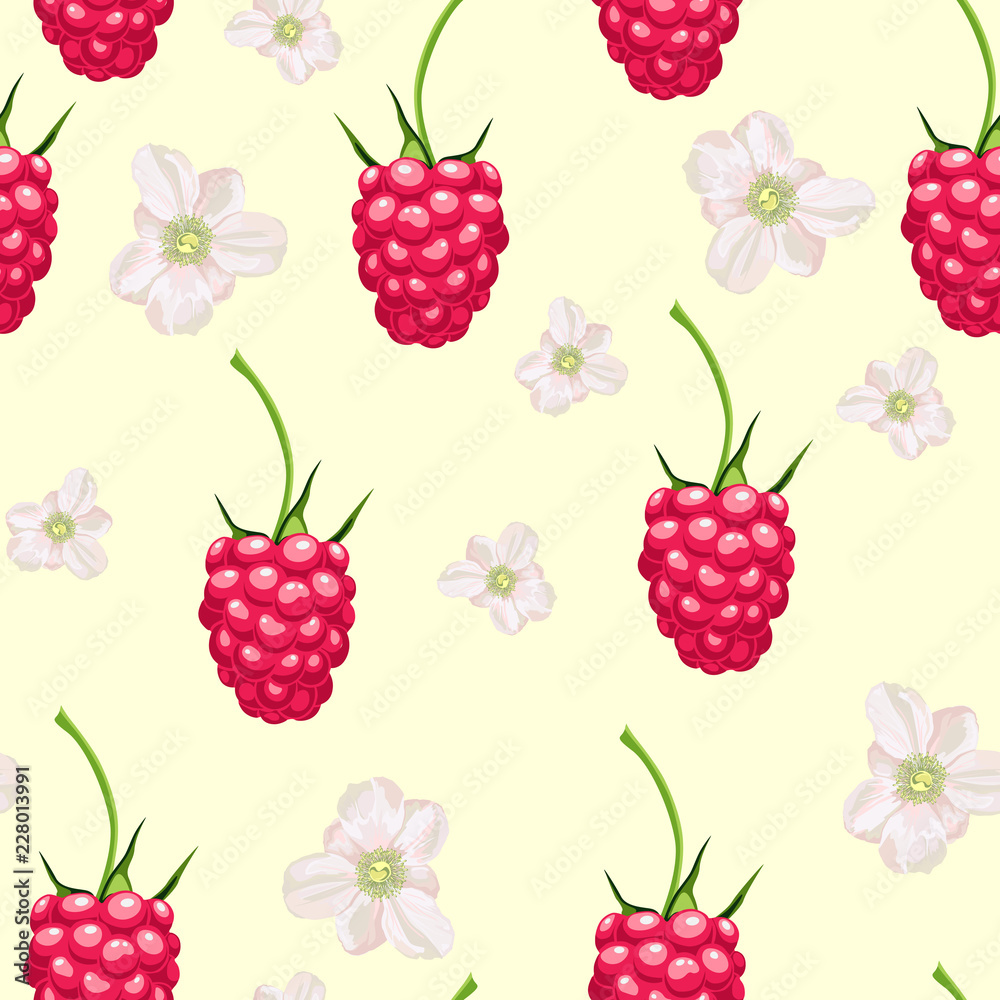 Seamless pattern of raspberries in bloom, autumn fruit pattern. Seamless pattern of raspberries in bloom, autumn fruit pattern.