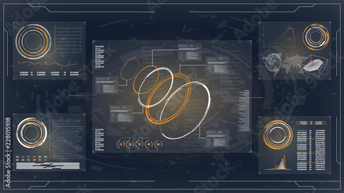 Illustration. Business network concept. Hud technology innovation. Futuristic vector hud interface screen design. Computer monitor vector illustration.
