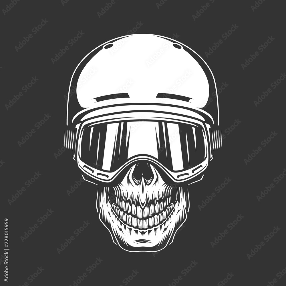 Vintage monochrome snowboarder skull concept