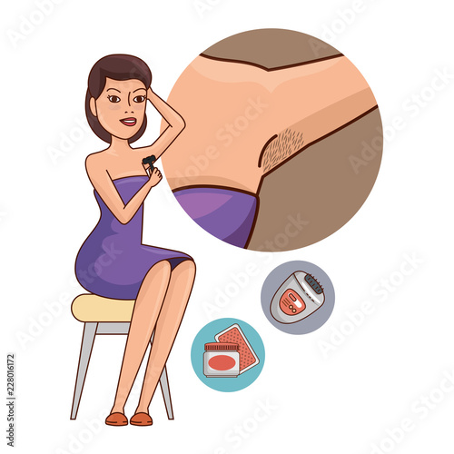 woman waxing armpit with razor blade and set products