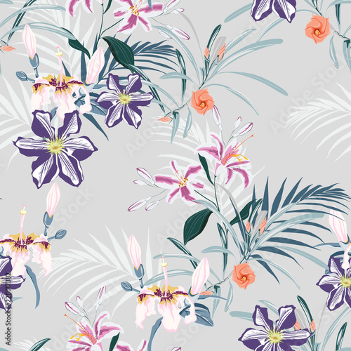 Seamless pattern, light vintage colors palm leaves and pink lilies, clematis and exotic tropical paradise flowers on vintage blue background. 