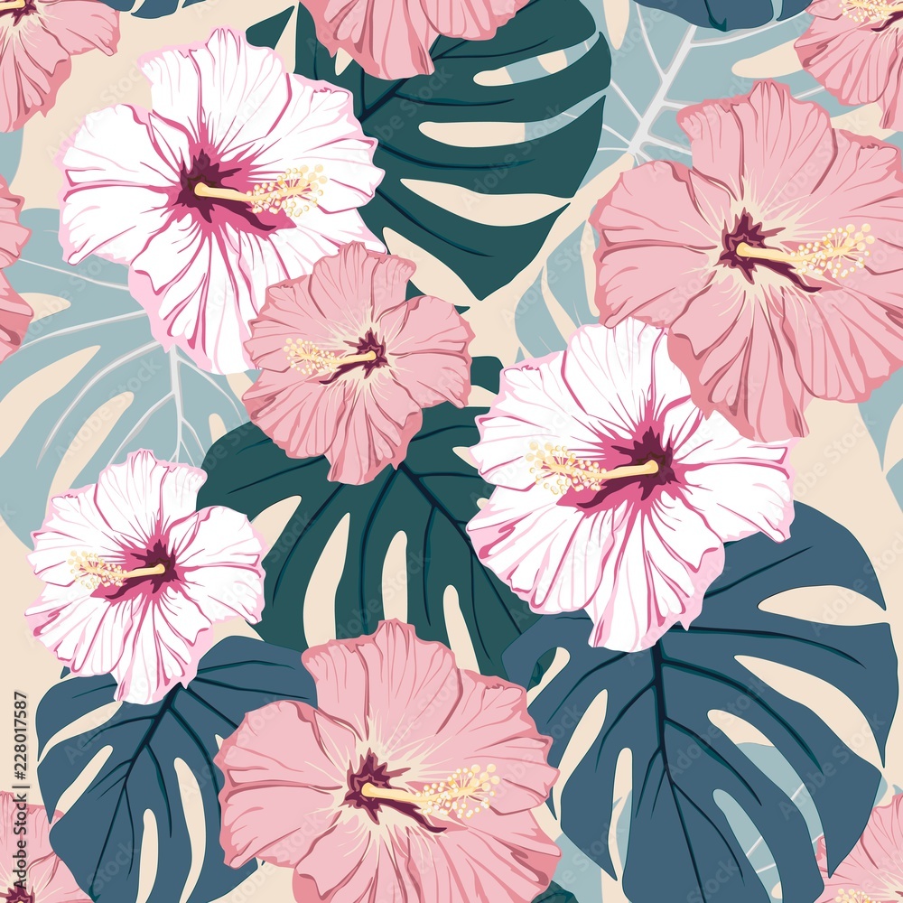 Fototapeta Seamless pattern, light vintage colors, palm monstera leaves and hibiscus flowers on dark peach background. 