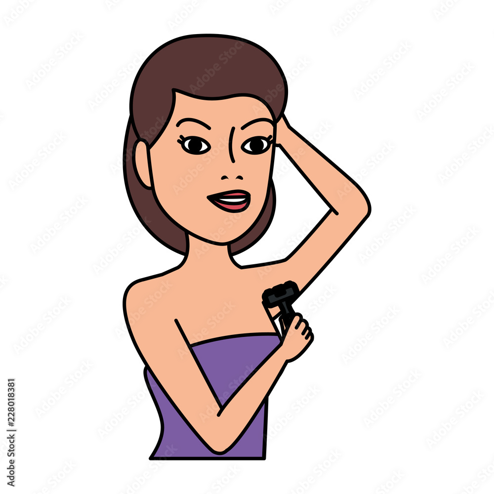 woman in towel waxing armpit with razor blade woman in towel waxing armpit with razor blade
