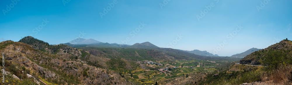  landscape panorama , green valley with mountain Teide background and clear blue sky, Tenerife
