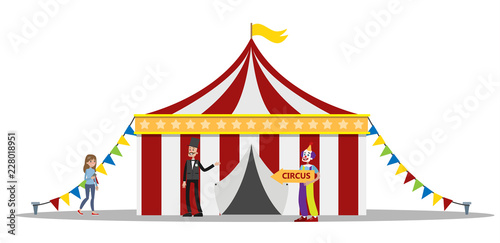 Amusement park with circus tent and clowns