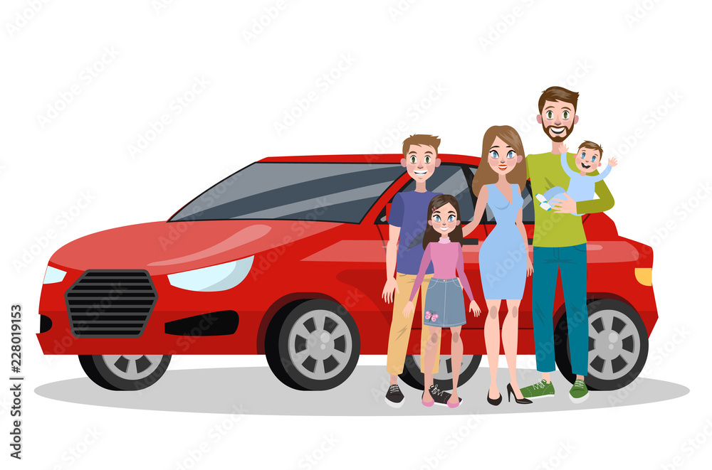 Time to travel with family. Happy parents and children Time to travel with family. Happy parents and children
