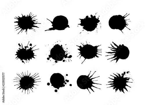 Set of black ink splashes and drops.