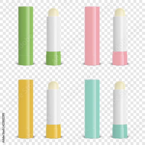 Vector Realistic 3d Blank Closed and Opened Lip Balm Stick Set - Green, Pink, Orange, Blue. Closeup Isolated on Transparent Background. Design Template for Cosmetic Packaging, Lipstick, Mockup