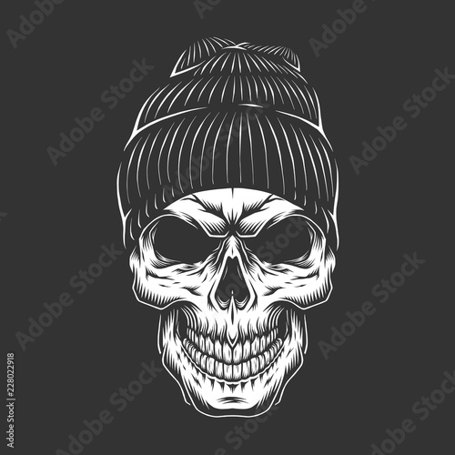 Monochrome vintage skull in hipster hat