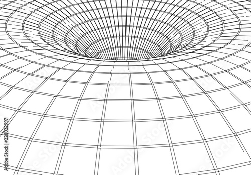 Tunnel or wormhole. Digital 3d wireframe tunnel. 3D tunnel grid. Network cyber technology. Surrealism. Background abstract vector image