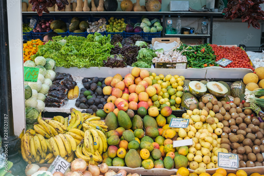 Fruits and vegetables at food market  